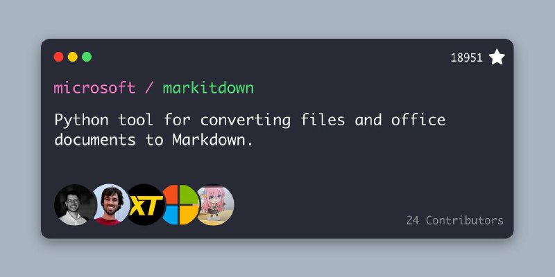 #ToolsMarkItDown —— 微软开源的文档转 Markdown 工具🔗 GitHubMarkItDown 是一个将各种文件格式转换为 Markdown 的实用工具（适用于索引、文本分析等场景）