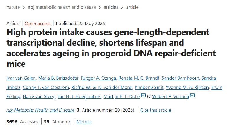 低碳水高蛋白饮食加速衰老并缩短寿命，DNA修复缺陷小鼠研究揭示机制荷兰研究团队在《npj代谢健康与疾病》发表重要研究，发现低碳水高蛋白饮食会显著缩短DNA修复缺陷小鼠的寿命